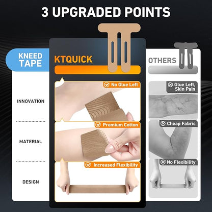 PreCut Kinesiology Tape for Knees, 24PCS Waterproof KTQUICK Knee Tape for Knee Pain Relief Pre Cut, Original Cotton Athletic Knee Tape, Waterproof & Hypoallergenic Latex-Free for Sports(Beige)