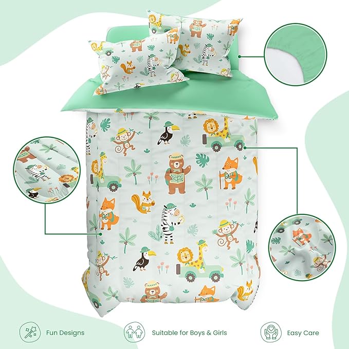 SANDJEST Jungle Animal Comforter Set Full Size 98x86in for Kids Boys, Microfiber 4 Pcs Bedding Set Includes 1 Comforter, 2 Pillowcases, 1 Fitted Sheet, Nursery Room Decor