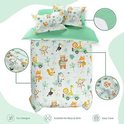 SANDJEST Jungle Animal Comforter Set Full Size 98x86in for Kids Boys, Microfiber 4 Pcs Bedding Set Includes 1 Comforter, 2 Pillowcases, 1 Fitted Sheet, Nursery Room Decor