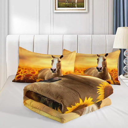 QOOMO Horse Comforter King Size,Sunflower Horse Comforter Set for Kids Teens Girls Boys,3Pcs Bedding Set Printed Comforter with 2 Pillowcases,Soft and Lightweight，King Size