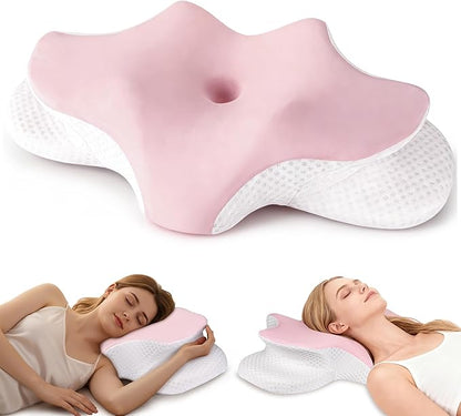 Cervical Neck Pillow for Pain Relief, Ergonomic Contour Pillow for Sleeping, 2 Heights Cooling Pillow for Neck and Shoulder Support, Memory Foam Orthopedic Pillow for Side Back Stomach Sleepers Pink