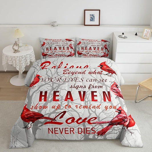 Feelyou Cardinal Bird Comforter Set Queen Size Farmhouse Red Birds Bedding Set for Girls Boys Women Men Tree Branches Decor Comforter Nature Comforter with 2 Pillow Case