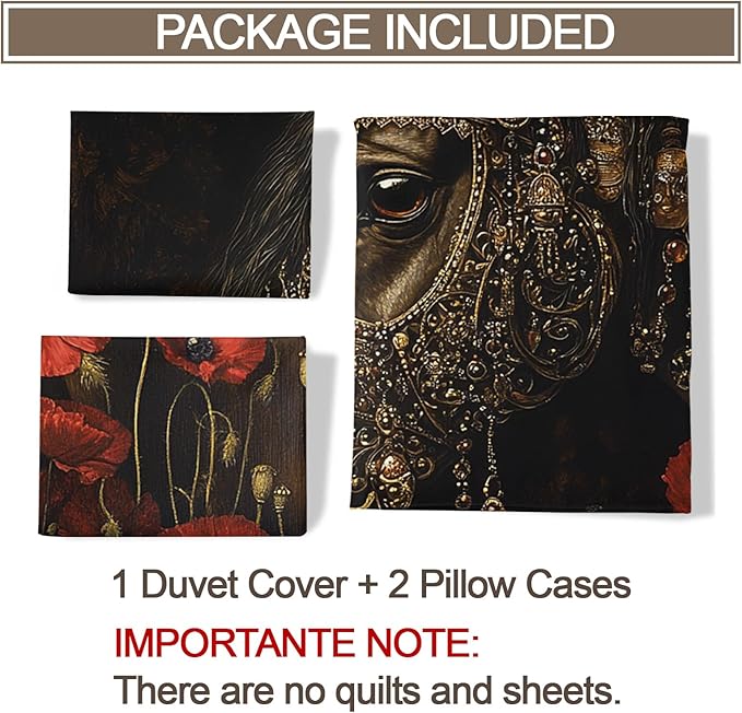 Horse Duvet Cover King Size, Vintage Rural Horse Bedding Set 3 Piece Bedroom Decor Red Poppy Flowers Comforter Cover and 2 Pillow Sham with Zipper Closure