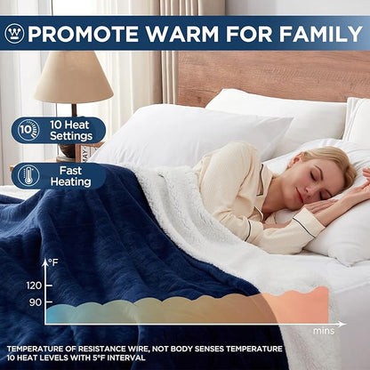 Westinghouse Electric Blanket Queen, Heated Blanket Queen Size with 10 Heating Levels and 1 to 12 Hours Heating Time Settings, Flannel to Sherpa Reversible, Machine Washable (84" x 90", Navy)