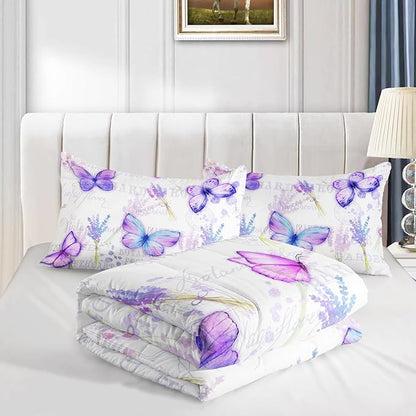 Butterfly Comforter Set Queen Size for Girls Kids Adults Lavender Flowers Pattern Bedding Set Aesthetics Butterflies Quilt Bed Set with 1 Comforter and 2 Pillowcases