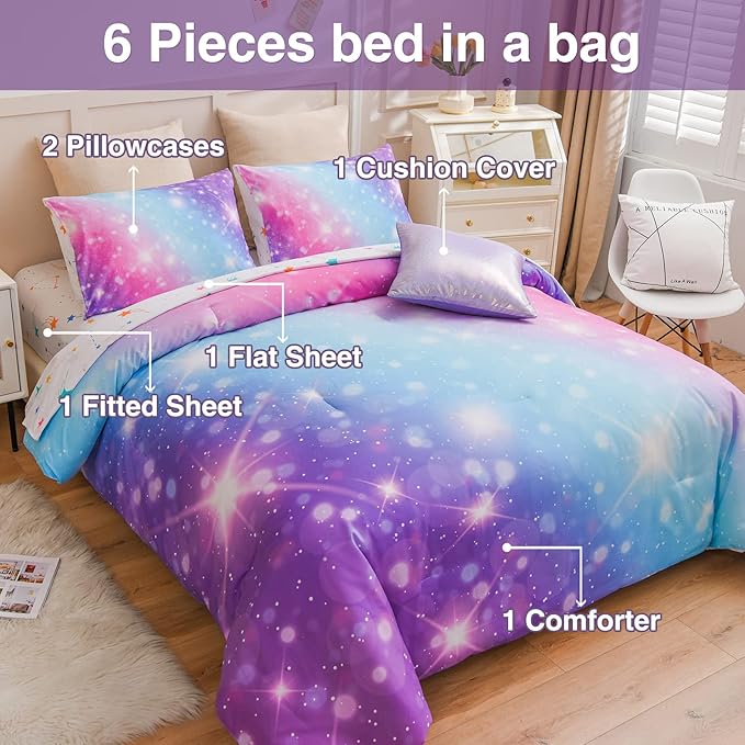 A Nice Night 6Pcs Gradient Glitter Bedding Set for Girls Full Size, Colorful Rainbow Galaxy Comforter Set, Ultra Soft Bedding Sets, Purple