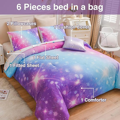 A Nice Night 6Pcs Gradient Glitter Bedding Set for Girls Full Size, Colorful Rainbow Galaxy Comforter Set, Ultra Soft Bedding Sets, Purple
