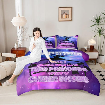 Cheerleading Comforter Set Full,Girls Dance Gymnastics Lovers Bedding Set for Kids Teens Woman Room Decor,Purple Glitter Watercolor Quilt Set Gymnast Sports Duvet Insert 3pcs,2 Pillowcases