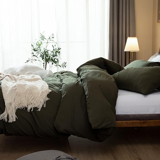 Jane yre Dark Green Duvet Cover King, 100% Washed Cotton Linen Like Textured 3 Pieces Bedding Set, Solid Color Simple Style Luxury Relaxed Feel Natural Wrinkled Breathable Soft Comfy