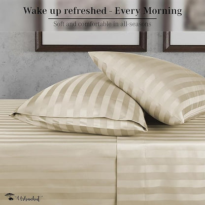 URBANHUT 1000 Thread Count Damask Striped Twin Size Egyptian Cotton Sheets, Long Staple Soft & Breathable, 4 Pc Bed Sheet Sets, Luxury Hotel Sateen Sheets Fits 16" Deep Pocket - Ivory