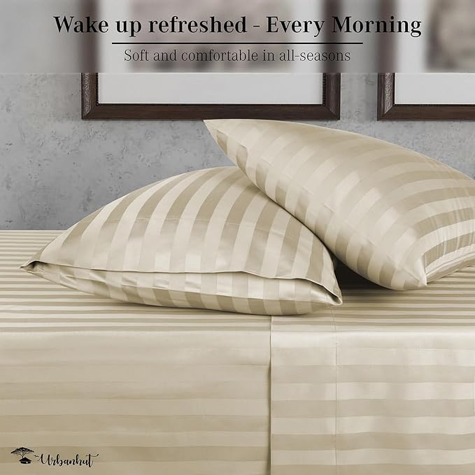 URBANHUT 1000 Thread Count Egyptian Cotton Damask Striped Full Sheets, Long Staple Soft & Breathable, 4 Pc Bed Sheet Sets, Luxury Hotel Sateen Sheets Fits 16" Deep Pocket - Ivory
