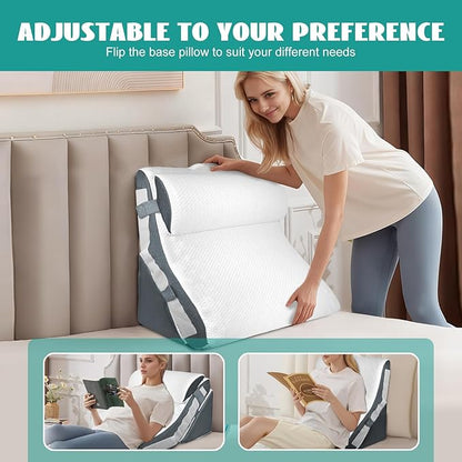 3PCS Wedge Pillow Set for After Surgery, Wedge Pillow for Acid Reflux Relief, Adjustable 9&12inch for Headboard, Orthopedic Memory Foam for Neck&Back Support, White/Grey