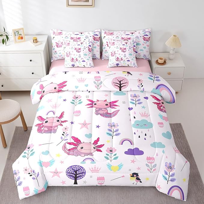 Erosebridal Comforters Full Size Set with Sheets for Kids Floral Axolotl Bedding,7 Pieces Bed in a Bag Full Cartoon Animal Bedding Sets with Comforter, Sheets, Pillowcases and Cushion Cases