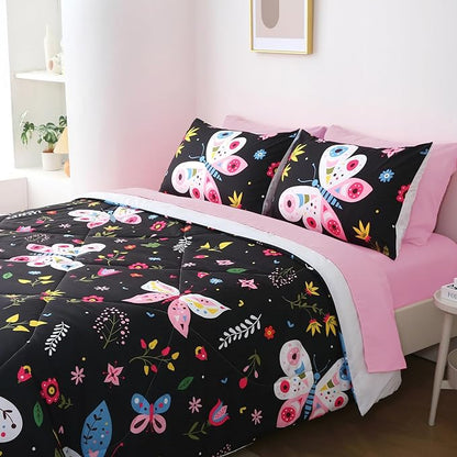 Girls Butterfly Comforter Set Queen Size Black 7 Piece Bed in A Bag Colorful Flowers Leaves Bedding Set for Kids Teens Adults Super Soft All Season