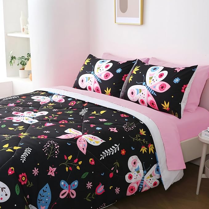 Girls Butterfly Comforter Set Twin Size Black 7 Piece Bed in A Bag Colorful Flowers Leaves Bedding Set for Kids Teens Super Soft All Season