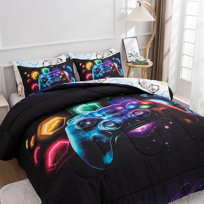 NTBED Game Console Comforter Set for Boys Girls Kids Space Universe Gaming Geometric Lightweight Microfiber Gamer Bedding Sets (Multi, Full)