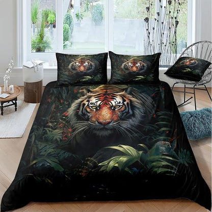 Tiger Bed Sheets Full Size with A Pillow Cases Standard Size,Black Tiger Print Sheet Set for Kids Boys Girls Gorgeous Animal Skin Bedroom Decor, Animal Fitted Flat Sheet