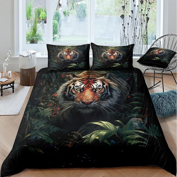 Tiger Bed Sheets King Size with A Pillow Cases Standard Size,Black Tiger Print Sheet Set for Kids Boys Girls Gorgeous Animal Skin Bedroom Decor, Animal Fitted Flat Sheet