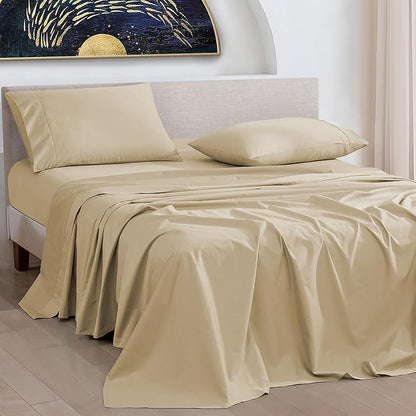 URBANHUT 1000 Thread Count Queen Size Egyptian Cotton Sheets, Long Staple Soft & Breathable, 4 Pc Bed Sheet Sets, Luxury Hotel Sateen Sheets Fits 16" Deep Pocket - Sand