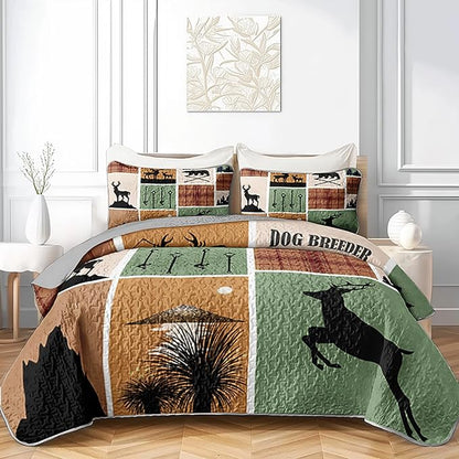 QOOMO Hunting Quilt Set Twin Size,Rustic Bedspread Coverlet Set,Deer 3Pcs Bedding Set Printed Quilt with 2 Pillowcases,Soft and Lightweight,for All Seasons