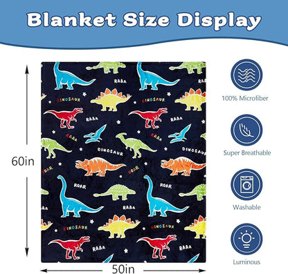 QSTEHEML Dinosaur Glow in The Dark Blanket,Dinosaur Gifts Toys for Boys Age 3 4 5 6 7 8 9 10 11 12 Year Old, Soft Throw Blanket for Kids Boys- Christmas Birthday Bedroom Decor 50"×60"