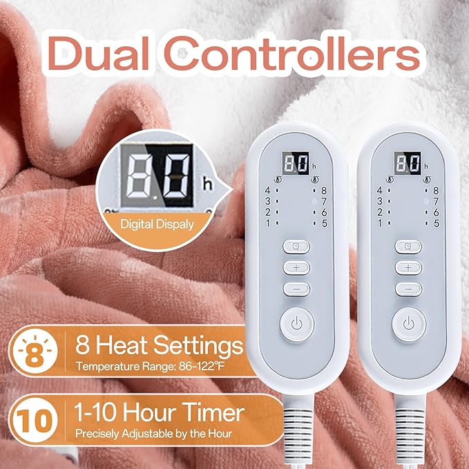 Heated Electric Blanket Queen Size, Dual Control Fast Heating Sherpa Blanket, 8 Heating Levels & 10 Hours Auto Off, Machine Washable with ETL & FCC Certified, Pink