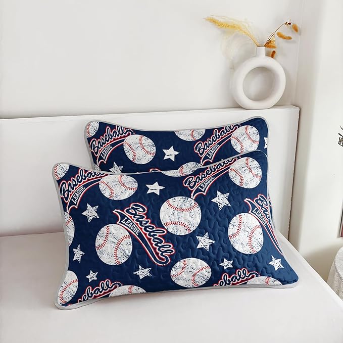 QOOMO Baseball Quilt Set Twin Size,Blue Baseball Bedspread Coverlet Set,Sports 3Pcs Bedding Set Printed Quilt with 2 Pillowcases,Soft and Lightweight,for All Seasons