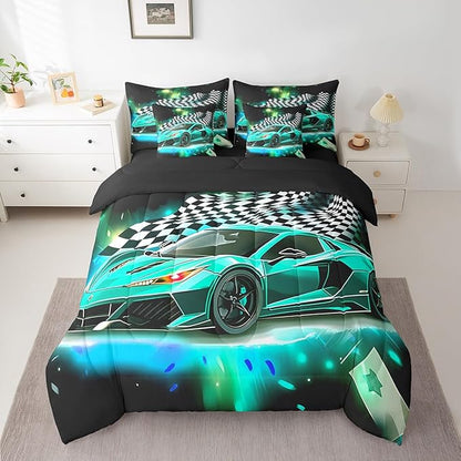 Feelyou Teal Racing Car 7 Piece Bedding Set Twin Size Extreme Sport Comforter Set with Sheets for Kids Boys Girls Teens Toddler Fast and Furious Bed in a Bag Black White Flag Bed Set