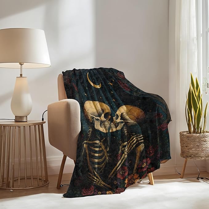 Skeleton Couple Blanket Gifts for Boys Girls Kids, Gothic Romantic Moon and Roses Warm Soft Flannel Throw Blankets for Travel, Sofa, Living Room, Bedroom Decor, 40x50 in