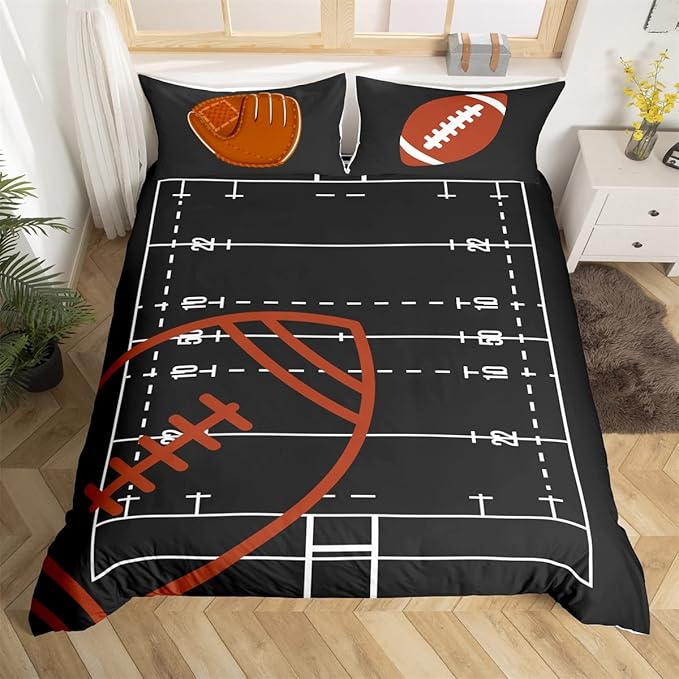 Castle Fairy American Football Field Comforter Cover,Boys Ball Sports Games Themed Bedding Set for Modern Room,Brown Rugby Gloves Sporting Equipment Duvet Cover with 2 Pillowcases, Queen 90''x90''