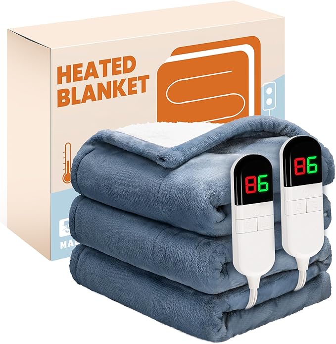 Electric Heated Blanket, Flannel & Sherpa Fast Heating Soft Fleece Heated Queen Blanket 84"x90" with 6 Heating Levels & 10H Auto Off - Blue