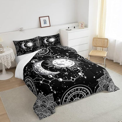 Sun and Moon Bedding Set Constellation Galaxy Comforter Set for Kids Boys Girls Teens Psychedelic Boho Mandala Comforter Breathable Celestial Duvet Set Black White Room Decor Quilt Cover Toddler Size