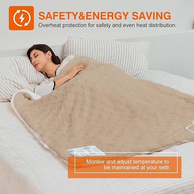 Electric Blanket Throw - Soft Checked Flannel with 6 Heating Levels, 4 Hours Auto-Off, Fast Heating, ETL & FCC Certified, 50"x60", Overheating Protection, Cozy Heated Blanket Throw（Khaki）