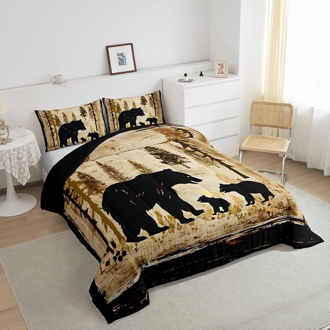 Feelyou Bear Bedding Set for Kids Toddler King Size Black Bears Comforter Set Boys Girls Cabin Rustic Farmhouse Bedding Set Wildlife Duvet Set 3Pcs