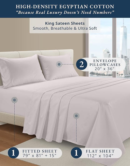 LANE LINEN 100% Egyptian Cotton Bed Sheets King Size, Mercerized Cotton Bedding Sheets, Luxury Hotel Thick Deep Pocket King Sheet Set, French Seams Elegant - Gray Lilac
