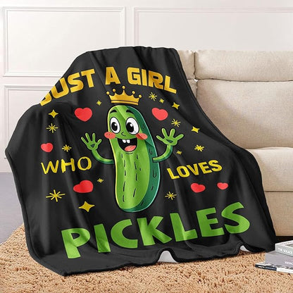 Funny Cucumber Blanket, Just A Girl Who Loves Pickles Blanket, Soft Warm Cozy Fleece Throw, Gifts for Girls Women Kids, 40"x50", Black
