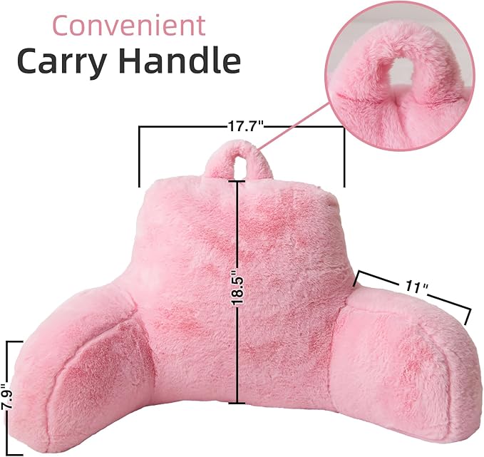 A Nice Night Faux Fur Reading Pillow Bed Wedge Large Adult Backrest with Arms Back Support for Resting in Bed/Couch for Bedrest,BabyPink