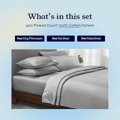 California Design Den 6-Pc King Size Sheet Set with 4 Pillowcases - Soft 400 Thread Count 100% Cotton Sheets, Sateen Weave, Deep Pocket Bedsheets Set - Light Grey