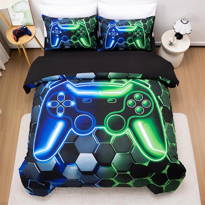 NTBED 3D Gaming Comforter Set for Boys Kids Teens,5pcs Gamer Bedding Sets with Sheet,Game Console Bed in a Bag (Blue Green, Full)