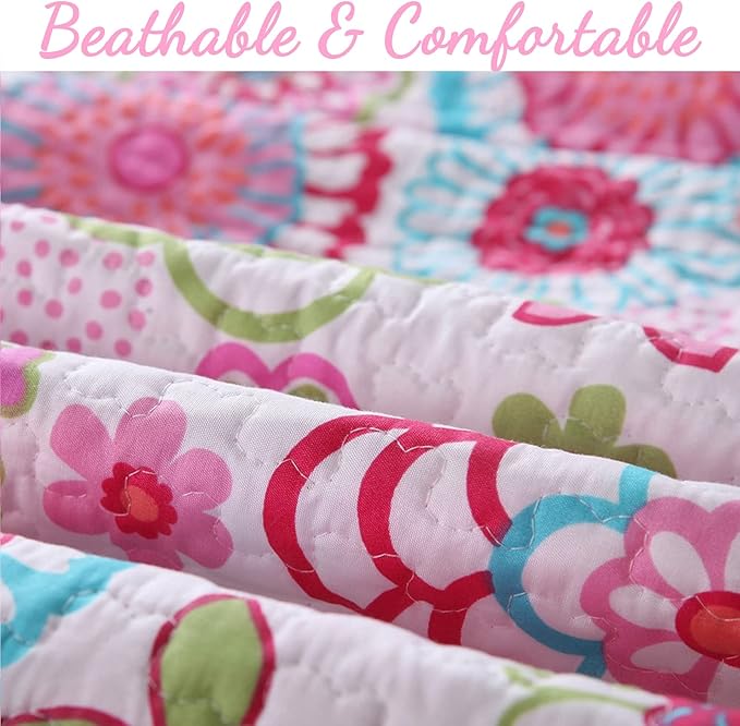 Cozy Line Home Fashions Pink Floral Polka Dot Colorful Reversible Quilt Bedding Set, Coverlet, Bedspreads for Girls (Mariah, King - 3 Piece)