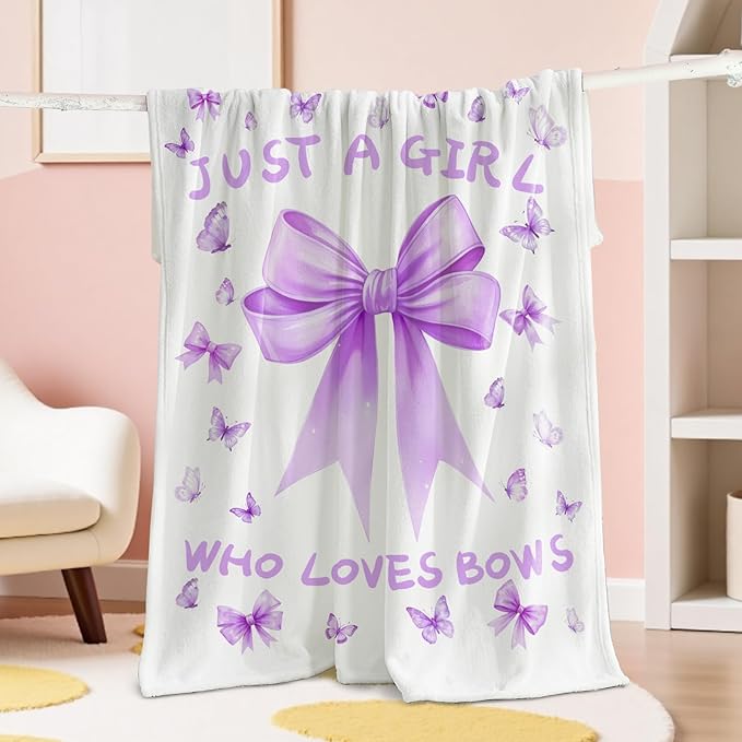 Bow Throw Blanket 60x80Inch Preppy Blanket Purple Bow Aesthetic Throw Blanket Coquette Flannel Soft Bow Plush Preppy Room Decor for Girls Women Birthday