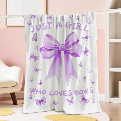 Bow Throw Blanket 60x50Inch Preppy Blanket Purple Bow Aesthetic Throw Blanket Coquette Flannel Soft Bow Plush Preppy Room Decor for Girls Women Birthday
