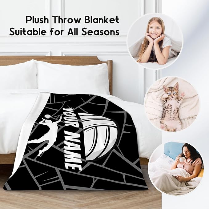 Volleyball Blanket, Personalized Volleyball Gifts for Women Adults, Custom Girls Sport Blankets Gift for College Team Players, Black Soft Plush Kids Throw for Sofa Bed, 50"x60"