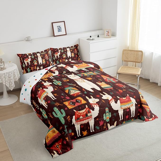 Bohemia Alpaca Bedding Set Full Size Exotic Tribal Style Comforter for Child Teens Desert Cartoon Cactus Down Comforter Retro Rustic Western Duvet Insert with 2 Pillowcases