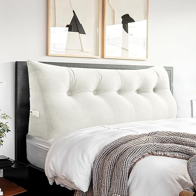 Headboard Wedge Pillow Large Reading Pillow Queen Size Bed Rest Back Support Pillow for Sitting up in Bed Daybed Couch Backrest Cushion Velvet Off-White