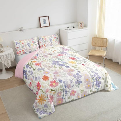 Erosebridal Colorful Floral Twin Comforter Set for Girls Boys Kids,Pink Purple Cute Flower Bedding Set Boho Bedroom Decor,Watercolor Wildflower Quilt Bed Set Rustic Flowers Bed Comforter Set 2Pcs