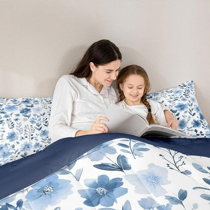 Erosebridal Blue and White Floral Full Comforter Set,Vintage Navy Blue Flower Bedding Set for Kids Girls,Botanical Plant Leaves Quilt,Farmhouse Flowers Bedroom Decor,2 Pillowcases Breathable