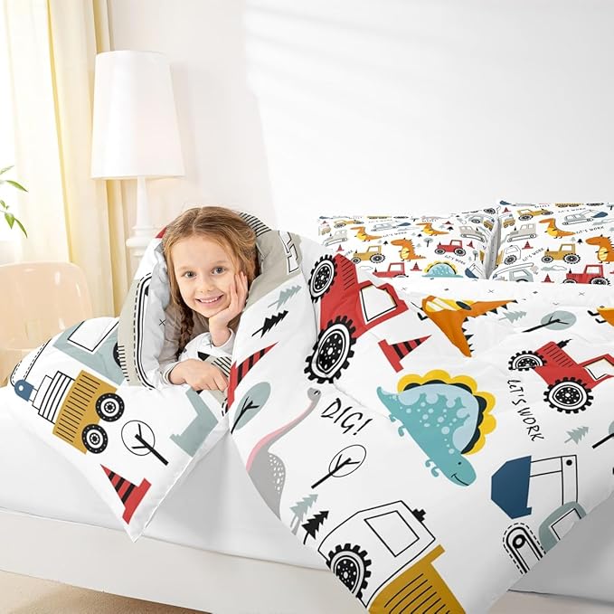 Feelyou Construction Comforter Set Kids Cartoon Dinosaur Comforter Cover Set for Boys Equipment Trucks Bedding Set Construction Vehicles Kawaii Jungle Dino Duvet Set Room Decor Twin With 1 Pillow Case
