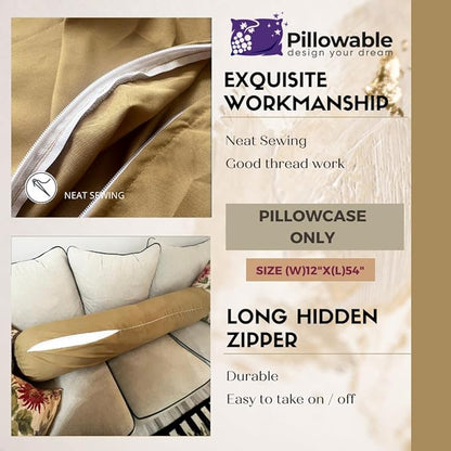 Case ONLY - Beige 54x12 inches Round Body Pillowcase - Cover Only - Zipper Pillowcase - 100% Brushed Microfiber - Bolster Pillow Cover - Fits Only Round Body Pillow
