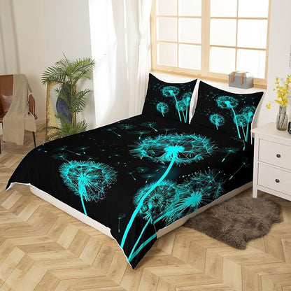 Dandelion Comforter Set King Size, Green Blue Glowing Botanical Theme Bedding Comforters with 2 Pillowcases, Natural Bohemian Style Microfiber Polyester Quilt Set for Girls Teens Bedroom Decor
